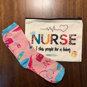 Nurse Funny Gift Set Makeup Pouch and Pink Medical Print Socks 2pc Bundle NWOT